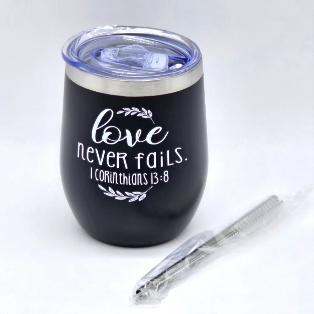 Blissful Indulgence Inspirational Gift Box Love Never Fails Black Stainless Cup